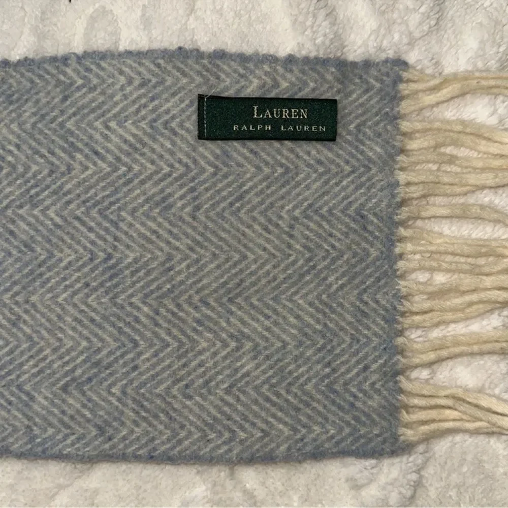 LRL Blue Beige Classic Zigzag Knit Lambs Wool Scarf